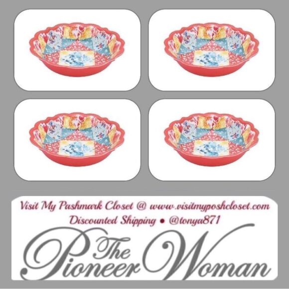 🦋 New Pioneer Woman Patchwork Medley Melamine Dinner Bowl, Coral, Qty of 4 - Picture 3 of 9